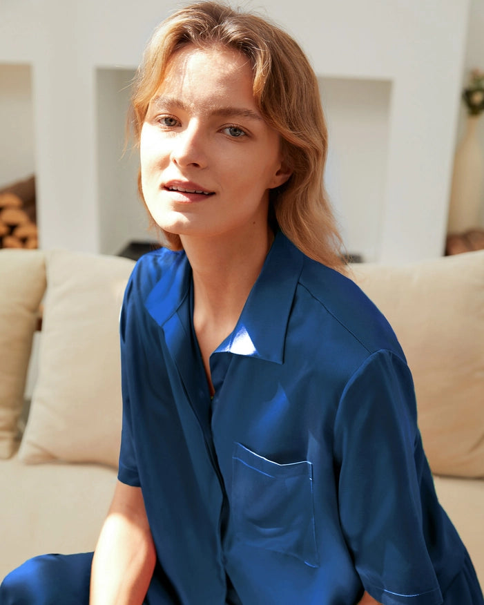 Short Sleeve Silk Pajamas Klein Blue-Pajamas-MommeSilk-XS-Urbanheer