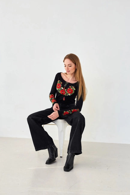 Embroidered Sweater Crimson Poppies Black-Clothing - Women-Handmade Originals Ukraine-S-Urbanheer