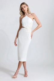 Flower Embellished Cut-Out Halter Dress White/White Flower-Dress-Avec Les Filles-4-Urbanheer