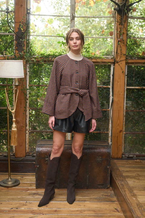 Round Neck Waist Tie Plaid Jacket