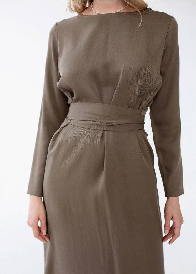 Wrap Linen Dress, Belted Khaki Green Dress For Women Long-Dress-Nich Linen-XXS-Urbanheer