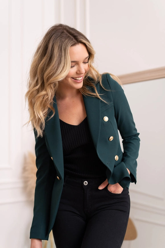Timeless Fitted Blazer Jacket with Gold Double-Breasted Buttons Bottle Green-Jacket-Attentif Paris-S-Urbanheer