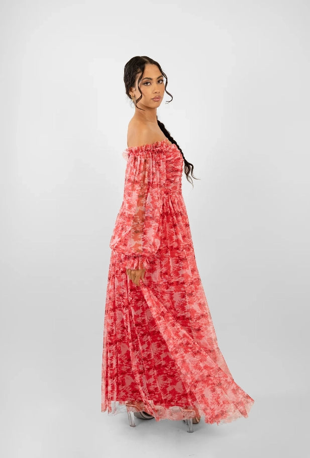 Lana Maxi Dress Red Floral-Lace & Beads-UK 6-Urbanheer