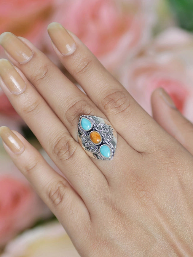 Turquoise 3 Stone Wide Band Boho 925 Sterling Silver Ring-Ring-Tiramisu-6-Urbanheer