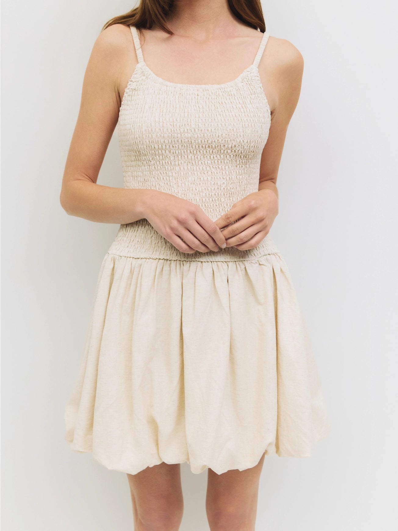 The Jaime Dress | Smocked Mini Bubble Dress OATMEAL
