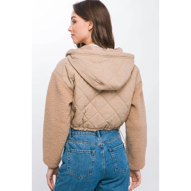 Diagonal Quilt Cropped Sherpa Arm Zip Up Jacket Khaki