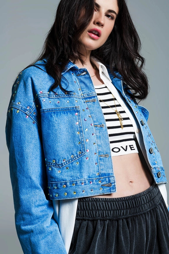 Denim Cropped Jacket in Blue with Studs and Chest Pockets-Shacket-Q2-Urbanheer