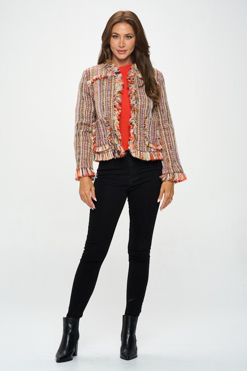 Multicolor Open Front Blazer Cardigan With Frayed Hem-Renee C.-S-Urbanheer