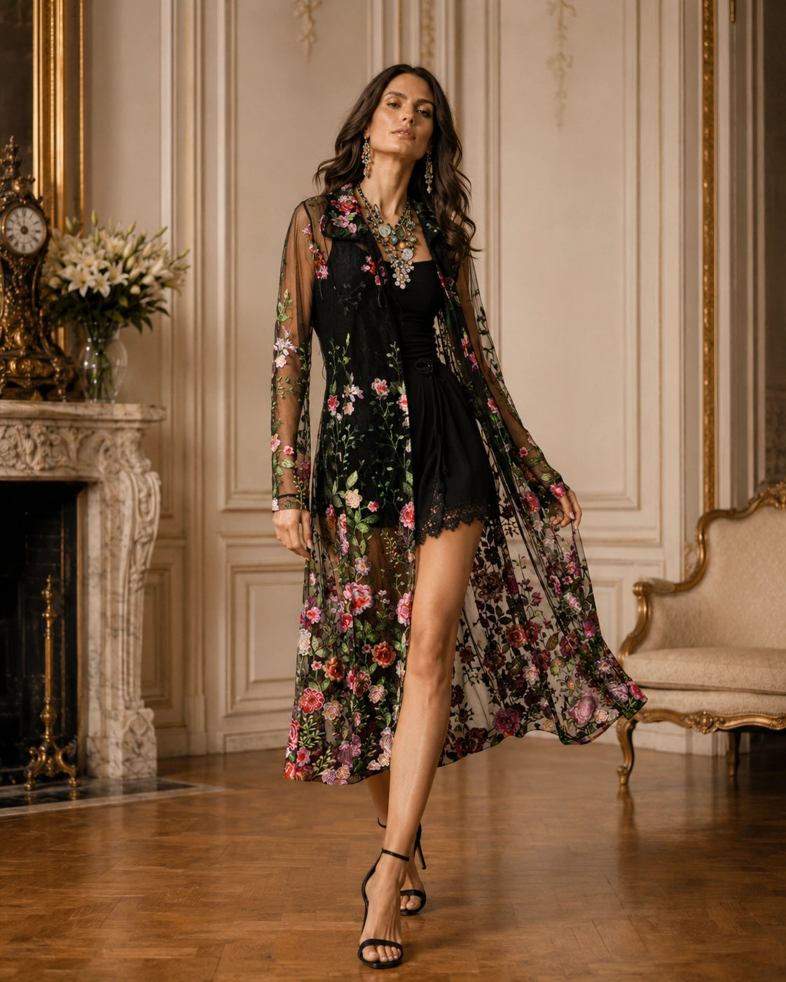 Embroidered Mesh Duster Jacket