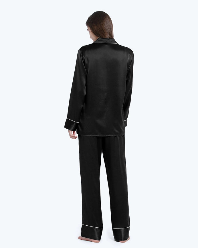 100% Mulberry Silk Pajamas & Sleep Eye Mask Set + Free Silk Bag Black-Pajamas-MommeSilk-XS-Black-Urbanheer