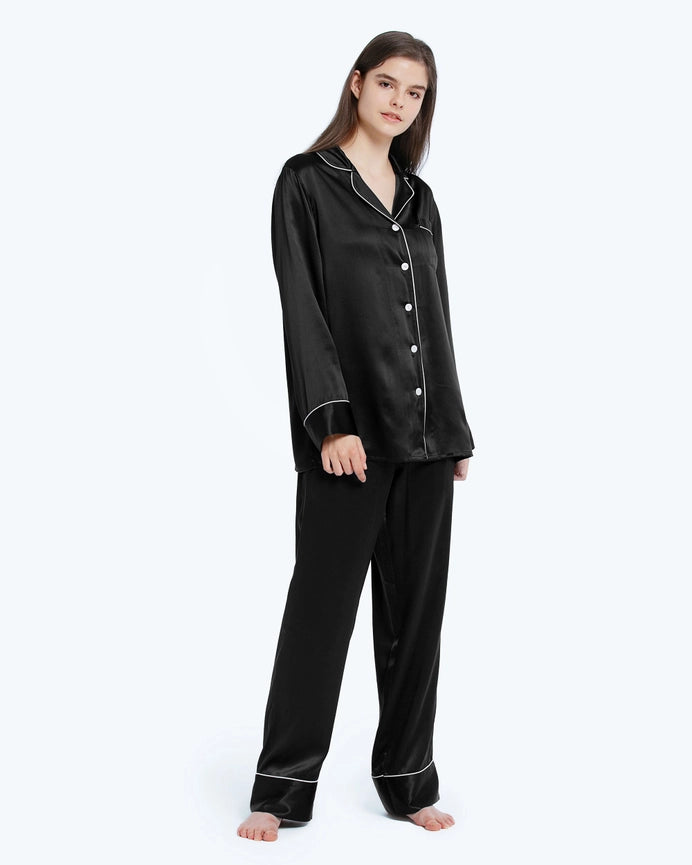 100% Mulberry Silk Pajamas & Sleep Eye Mask Set + Free Silk Bag Black-Pajamas-MommeSilk-XS-Black-Urbanheer