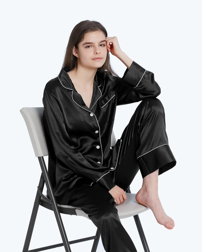 100% Mulberry Silk Pajamas & Sleep Eye Mask Set + Free Silk Bag Black-Pajamas-MommeSilk-XS-Black-Urbanheer