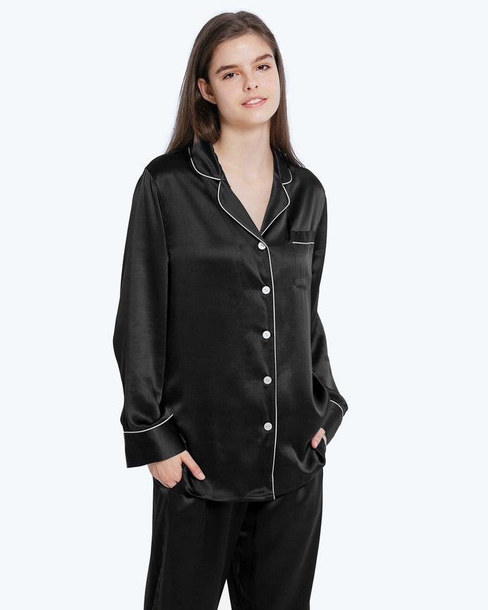 100% Mulberry Silk Pajamas & Sleep Eye Mask Set + Free Silk Bag Black-Pajamas-MommeSilk-XS-Black-Urbanheer