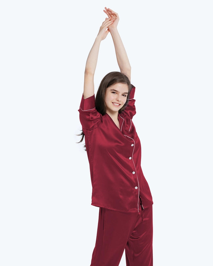 100% Mulberry Silk Pajamas & Sleep Eye Mask Set + Free Silk Bag Claret-Pajamas-MommeSilk-XS-Claret-Urbanheer