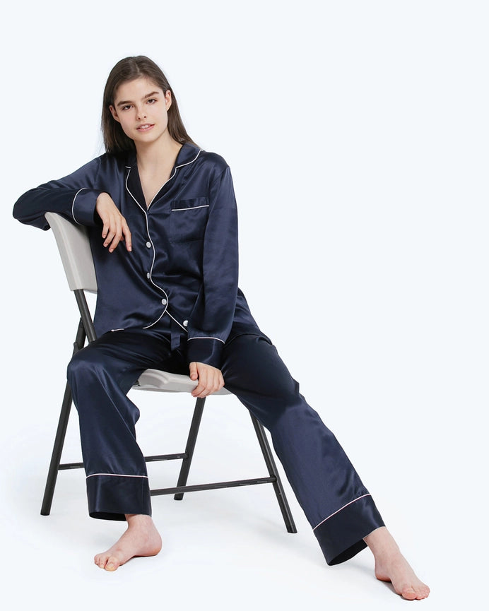 100% Mulberry Silk Pajamas & Sleep Eye Mask Set + Free Silk Bag Navy Blue-Pajamas-MommeSilk-XS-Navy Blue-Urbanheer