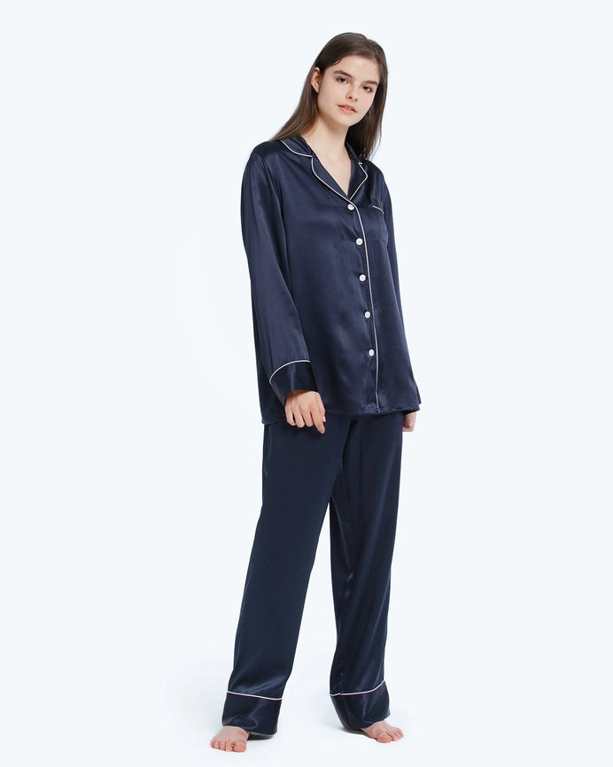 100% Mulberry Silk Pajamas & Sleep Eye Mask Set + Free Silk Bag Navy Blue-Pajamas-MommeSilk-XS-Navy Blue-Urbanheer