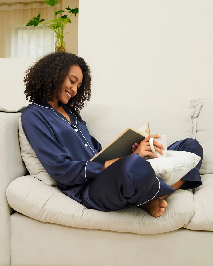 100% Mulberry Silk Pajamas & Sleep Eye Mask Set + Free Silk Bag Navy Blue-Pajamas-MommeSilk-XS-Navy Blue-Urbanheer