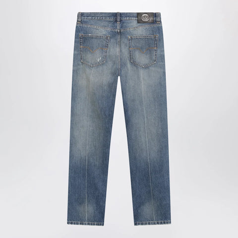 Versace Distressed Straight-Leg Jeans in Blue Denim