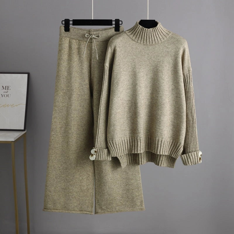 Trendy Semi-High Collar Sweater and Pant-Sets-Blak Wardrob-One Size-Khaki-Urbanheer