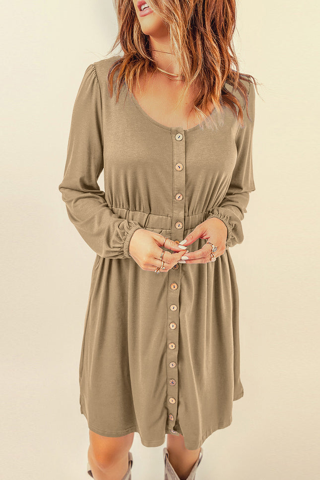 Button Down Long Sleeve Dress With Pockets-UHX-Khaki-XL-Urbanheer