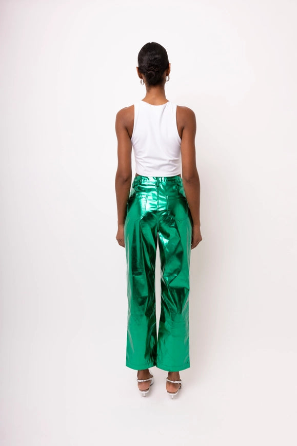 Lupe Straight Faux Leather Metallic Pants Forest Green-Pants-Amy Lynn-S-Urbanheer