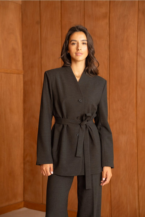 Diana Belted Double-Breasted Jacket with No Lapels