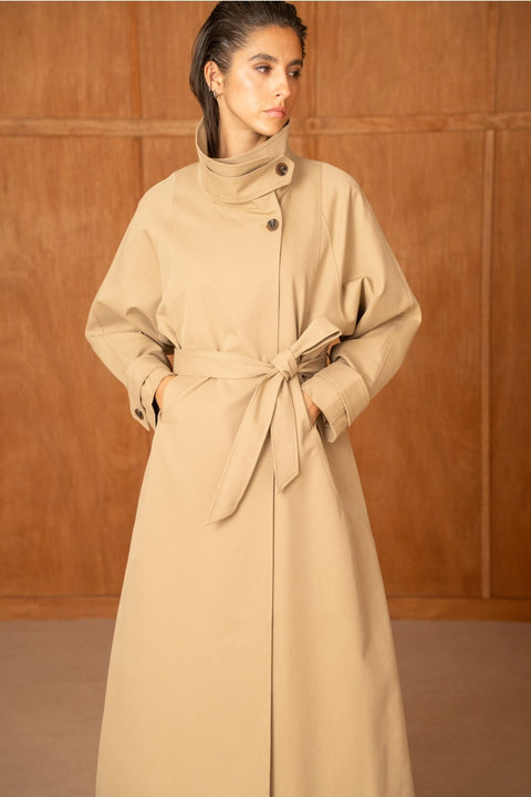 Utility Oversized Long Belted Trench with Stand-Up Collar