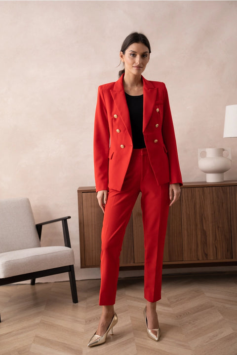Timeless Fitted Double-Breasted Suit Jacket with Gold Buttons Red