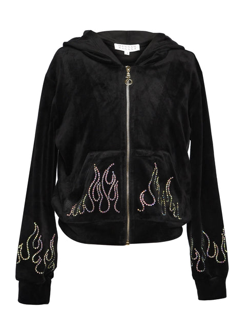 Zip Velour Hoodie with Rhinestone Flames