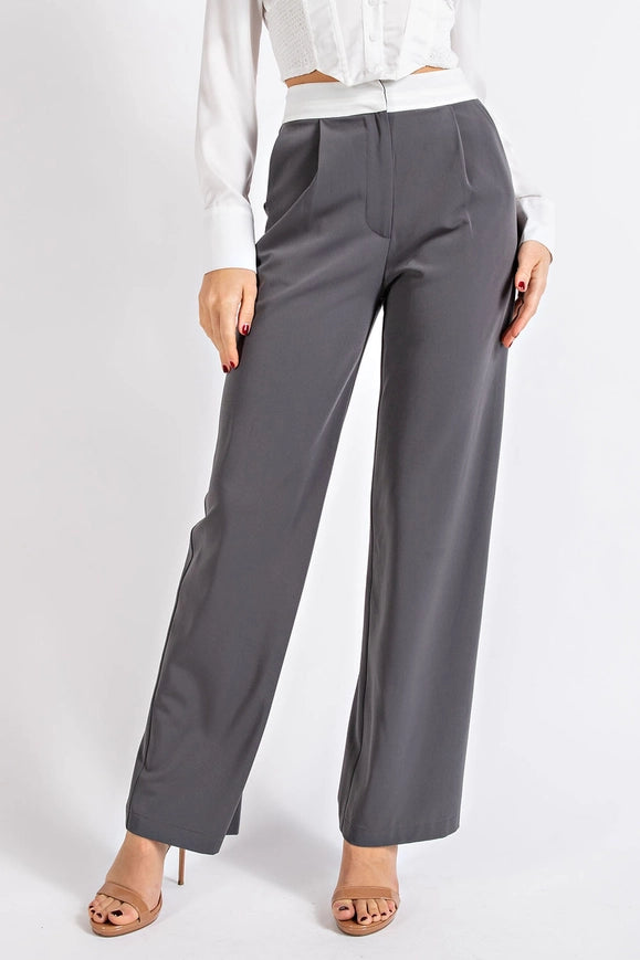 High Waisted Twill Trousers w/ Waist Contrast CHARCOAL/WHT-Trousers-EDIT by NINE-S-Urbanheer