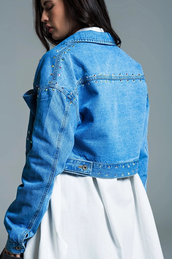 Denim Cropped Jacket in Blue with Studs and Chest Pockets-Shacket-Q2-Blue-S-Urbanheer