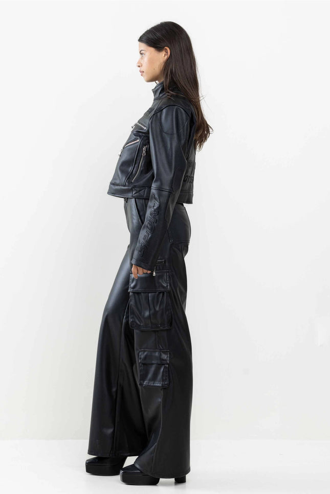 Leather Racing Cropped Jacket-Clothing - Women-Vibrant M.i.U-Urbanheer