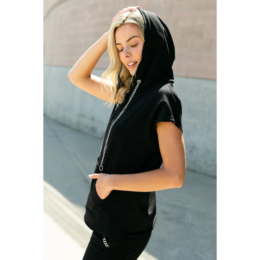 Hoodie Short Sleeve Top with Chains Black-Hoodie-Vocal-S-Urbanheer