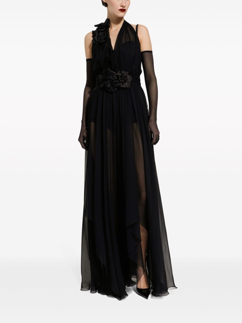 new Dolce & Gabbana Long silk chiffon dress with floral appliqué – Urbanheer