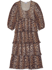 Ganni Leopard Pleated Georgette Flounce Smock Midi Dress