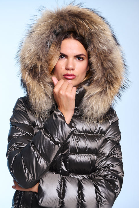 RACHEL slim fit long down jacket with detachable hood