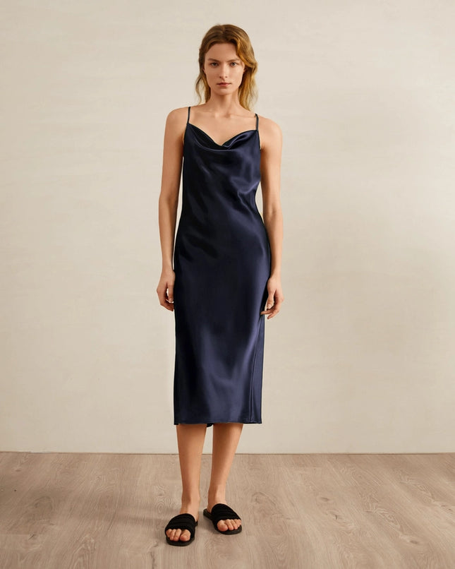 Luxurious Silk Nightgown Navy Blue-Night Gown-MommeSilk-XS-Urbanheer