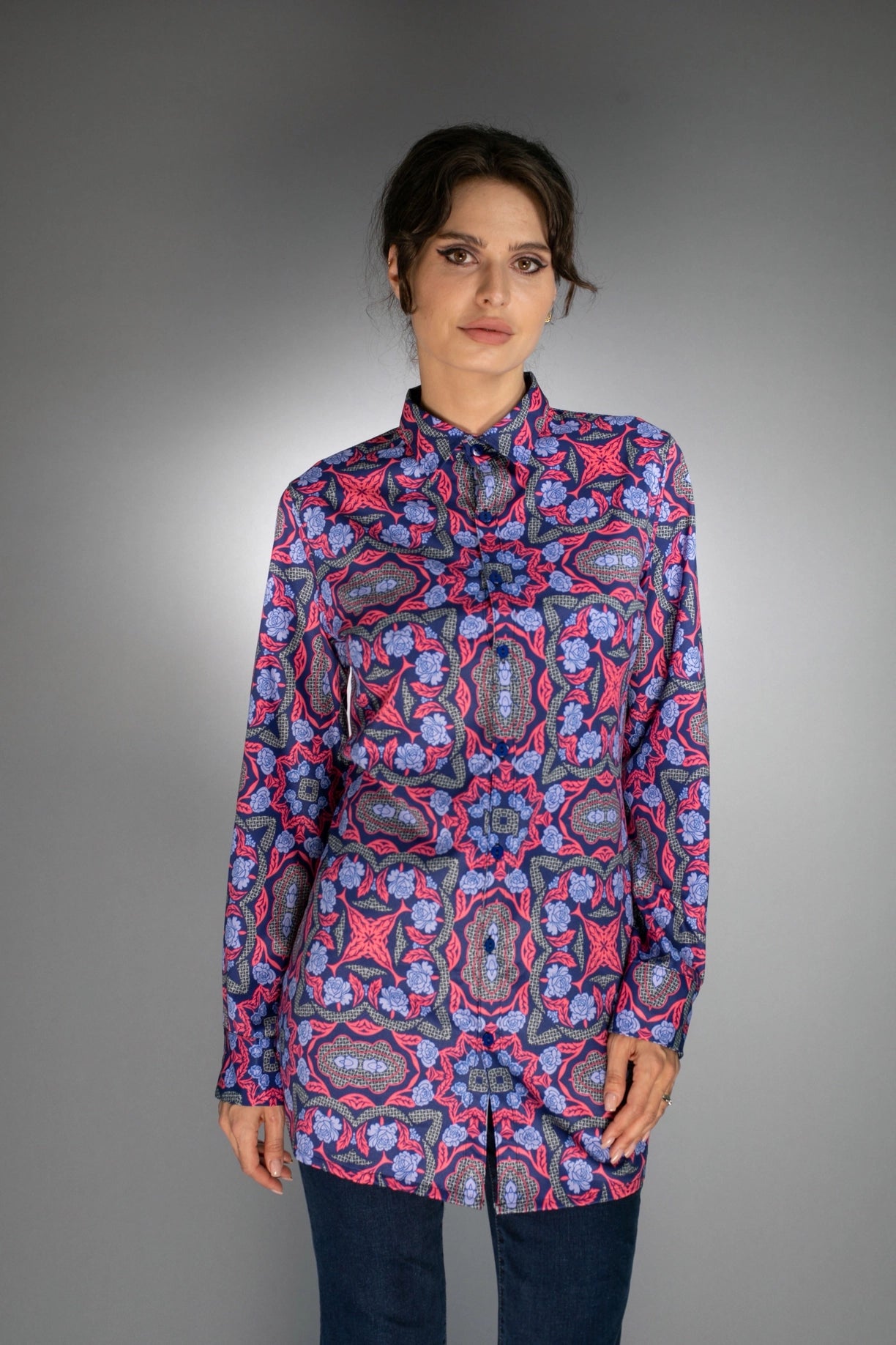 Geometric Long Shirt Electric Purple/Scarlet Red For Women-Nuvula-XS-Urbanheer
