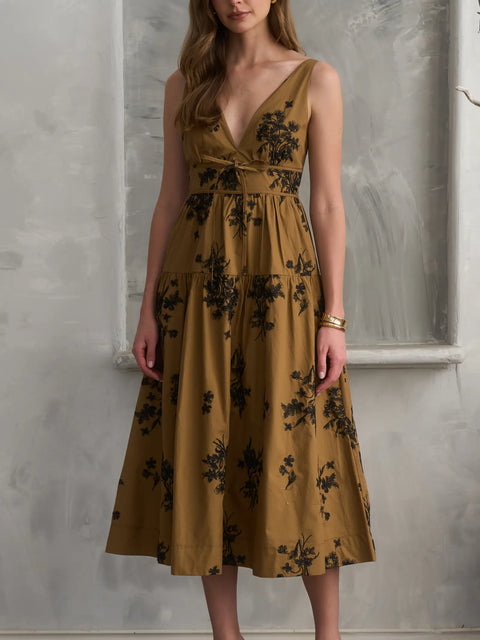 Embroidered Floral V Neck Sleeveless Midi Dress