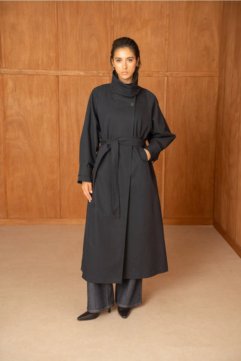 Utility Oversized Long Belted Trench with Stand-Up Collar