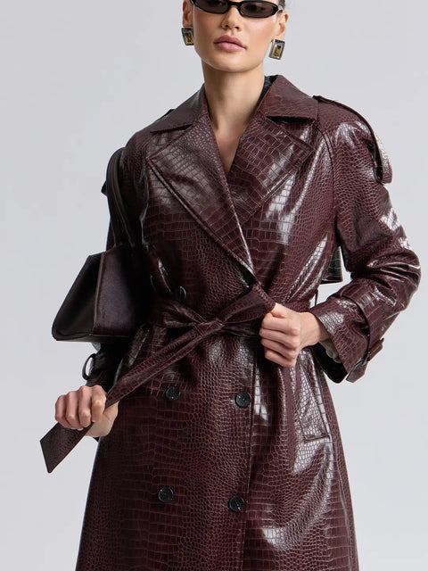 Croc-Embossed Faux Leather Belted Maxi Trench Coat