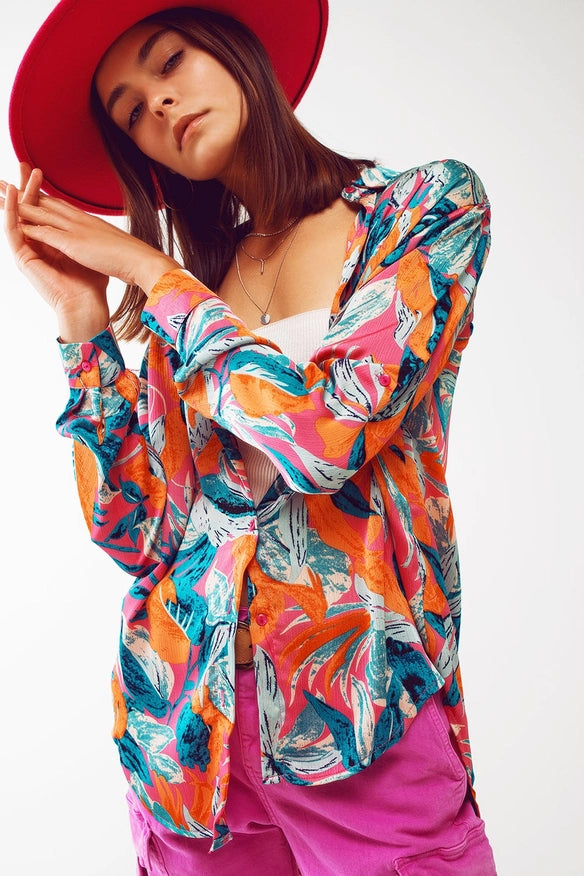 Satin Shirt in Floral Print in Orange-Top-Q2-S-Urbanheer