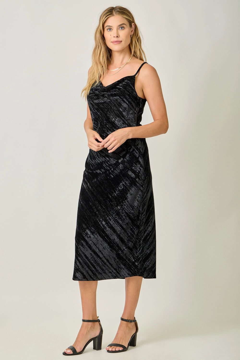 Cowl Neck Crinkle Velvet Slip Dress