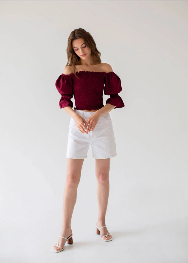 Burgundy Off The Shoulder Puffed Sleeve Linen Top For Woman-TOP-Nich Linen-XXS-Urbanheer