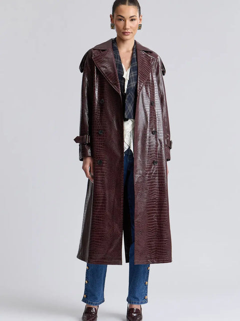 Croc-Embossed Faux Leather Belted Maxi Trench Coat