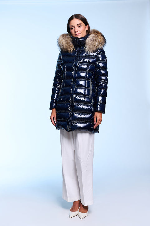 RACHEL slim fit long down jacket with detachable hood