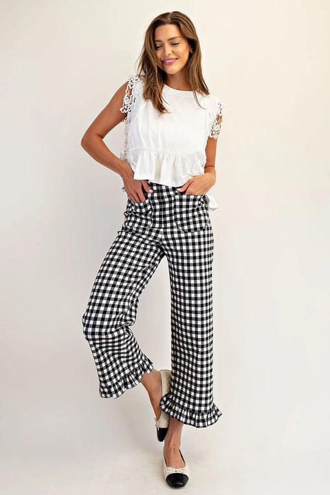 Gingham Ruffle Trim Straight Leg Pants
