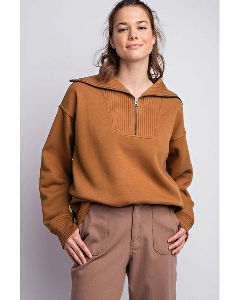 French Terry Ribbed Contrast Quarter Zip Up