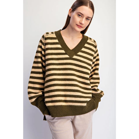 Striped Cozy Cashmere V-Neck Sweater