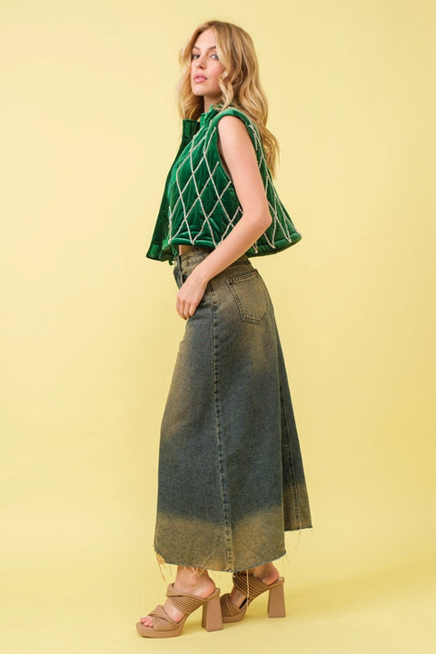Velvet Quilted Rhinestone Embellished Crop Vest Green-Vest-Blue B-S-Urbanheer